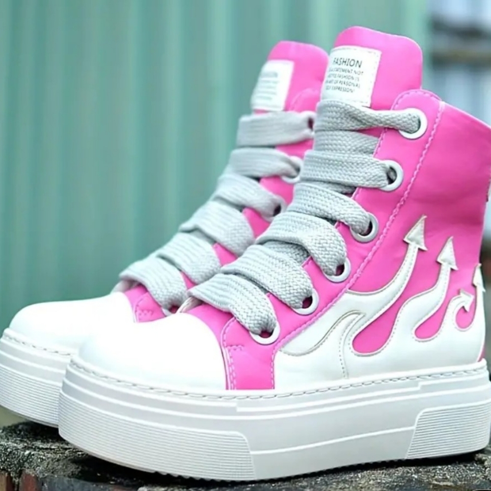 Women’s Pink High-Top Platform Sneakers with Flame Detail - Picture 2 of 7